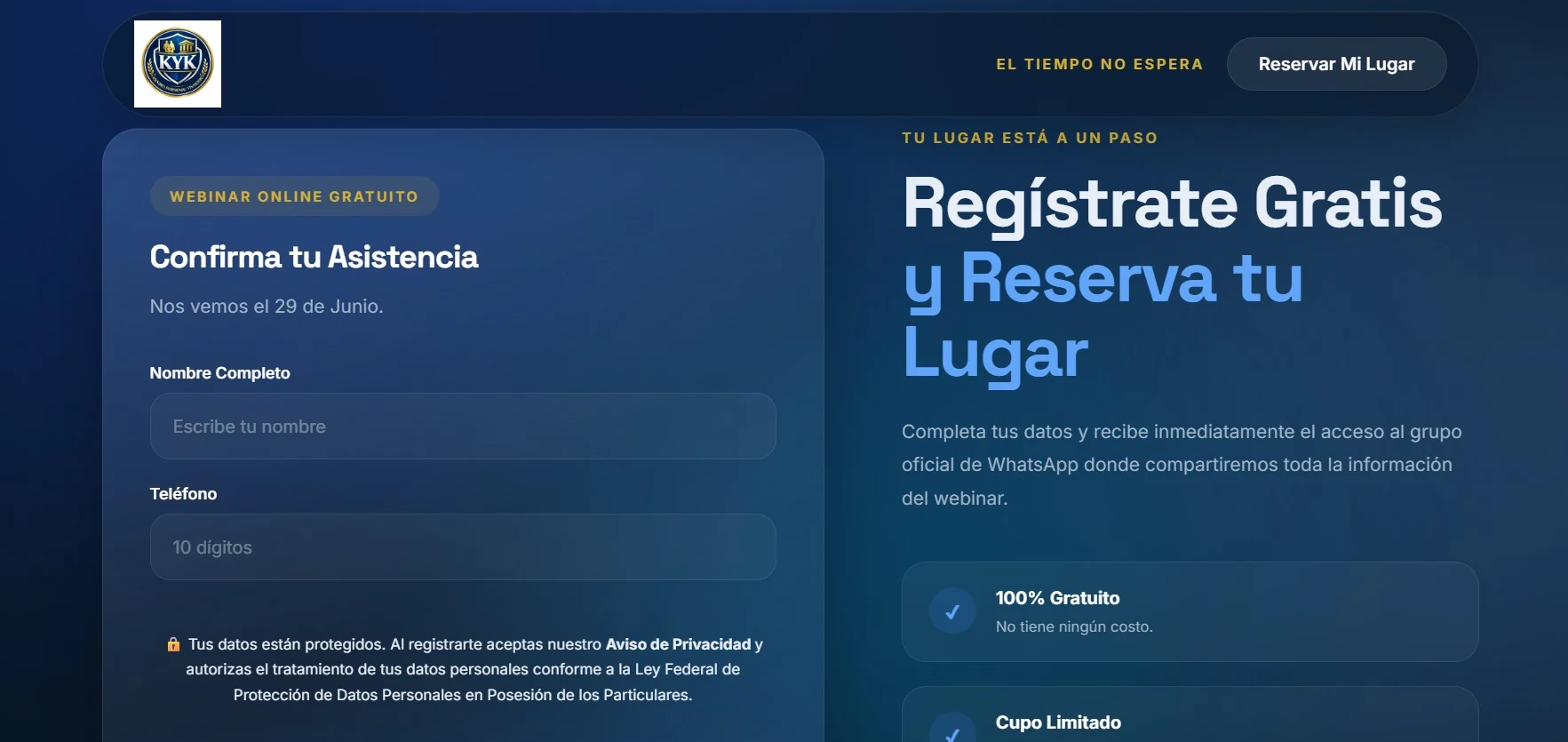 Vista previa de la landing KYK Webinar